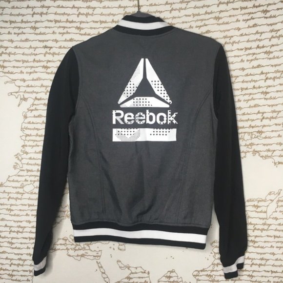 Reebok Size Small Gray & Black Soft Shell Bomber Varsity Jacket Back Logo - Picture 8 of 9